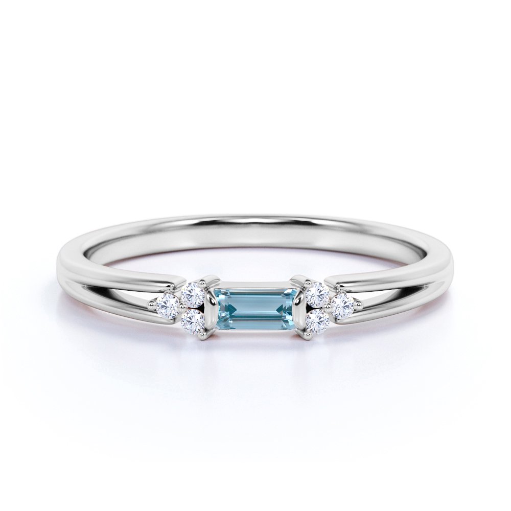 JeenMata Baguette Cut Aquamarine and 6 Stone Dainty Stackable Ring in