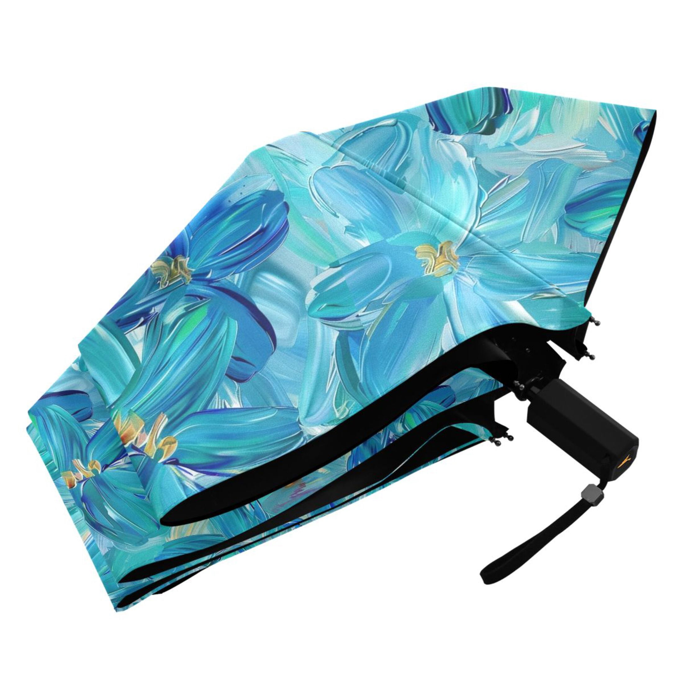 Turquoise and Blue Flowers Compact Sun Umbrella Windproof Travel Umbrellas for Rain Strong Portable UV Protection