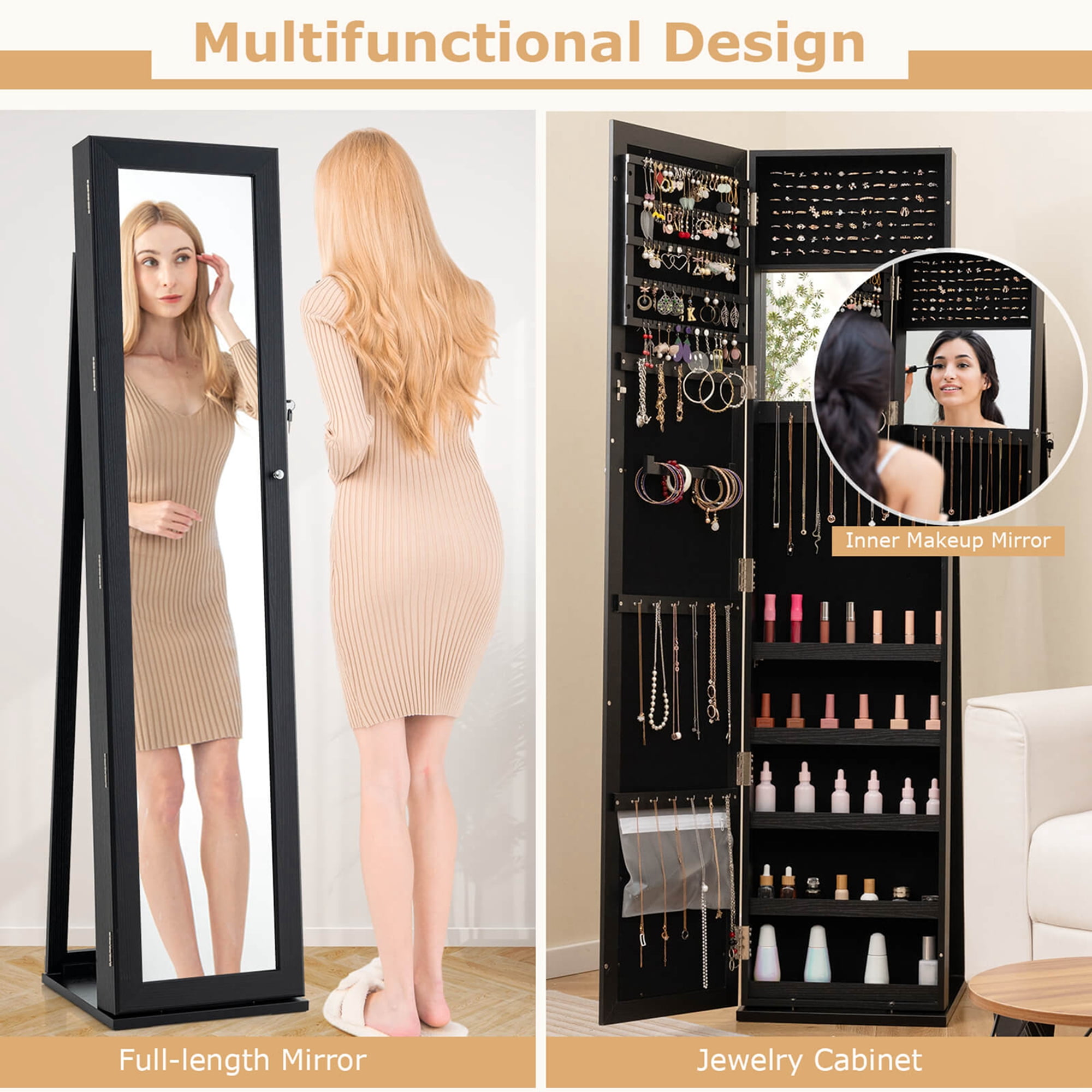 Costway Lockable Free Standing Jewelry Armoire with Mirrored