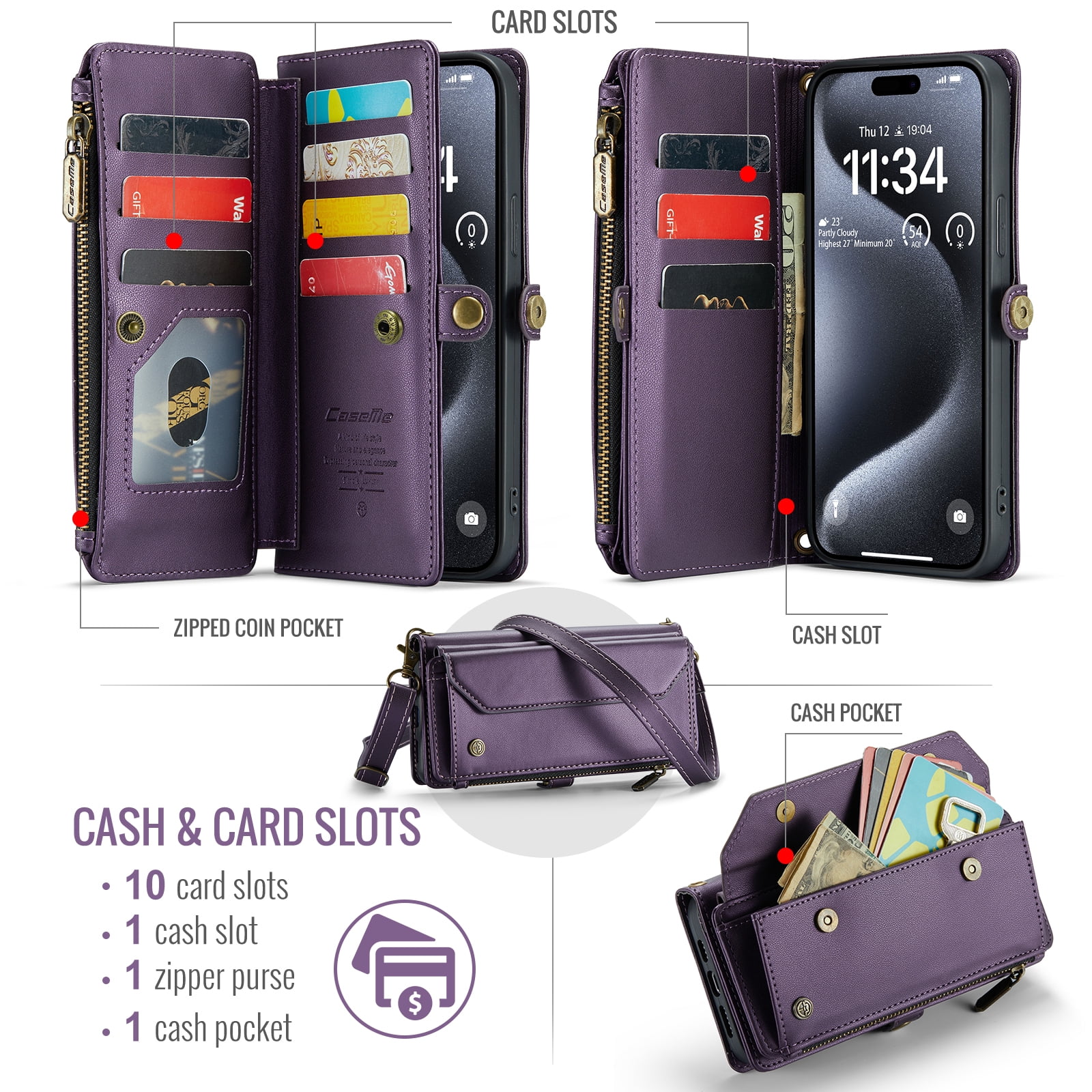 Dteck for Google Pixel 7A Case with RFID Blocking Wallet Case for Women Men, Shockproof PU Leather Magnetic Flip Strap Zipper Card Holder Phone Case,Purple