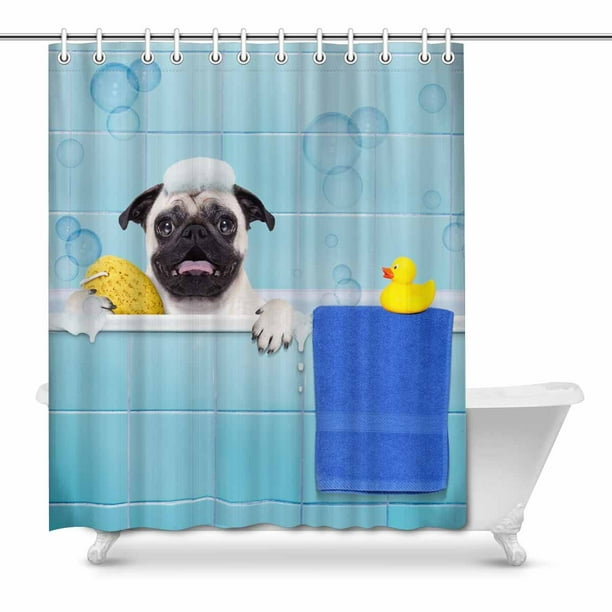 Pug Dog With Yellow Rubber Duck, Rubber Duck Shower Curtain Fabric