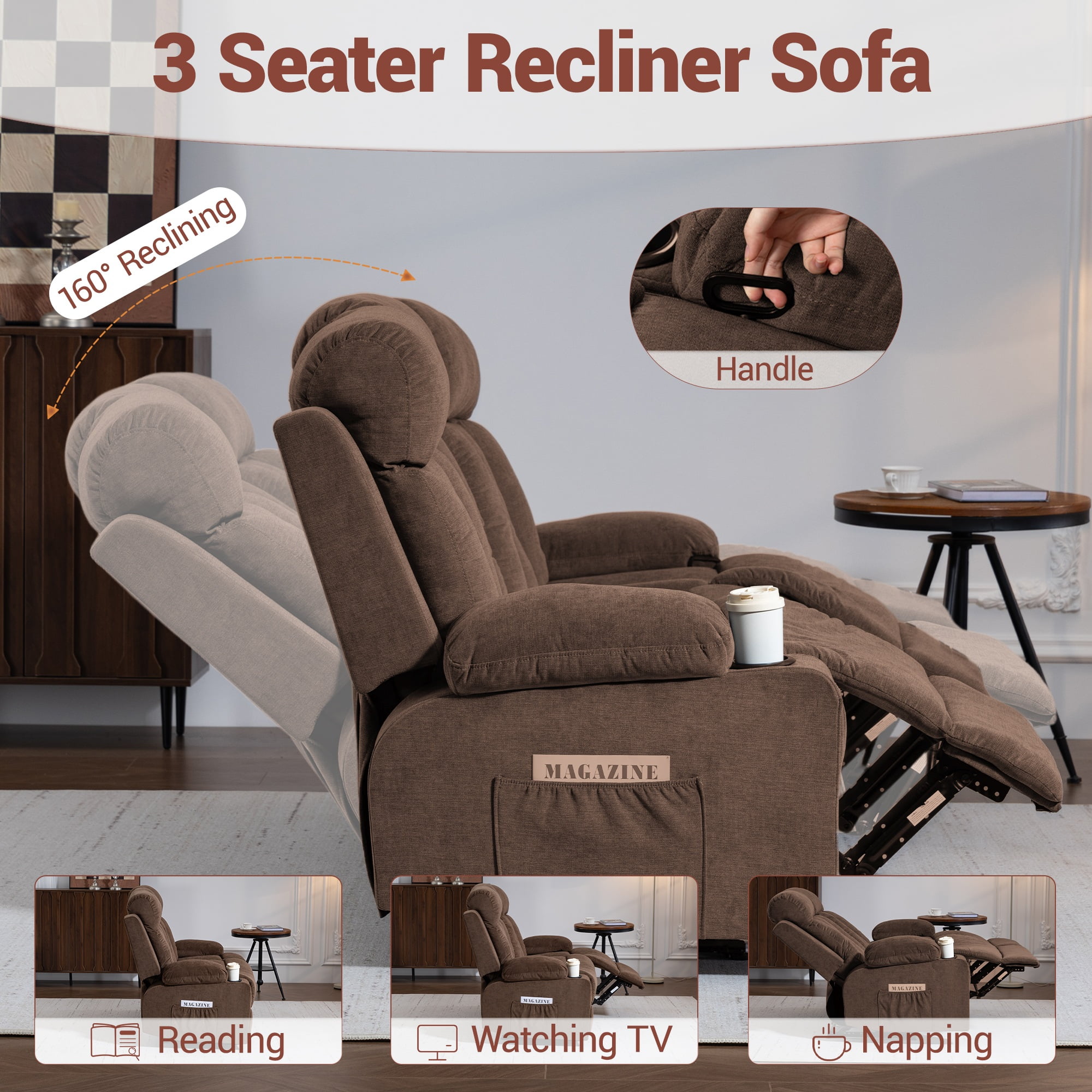 WENTUM Recliner Sofa Set, 3 Seater Recliner Sofa Chair, Manual Reclining Sofa Couch, Triple Recliner Sofa for Living Room, Home Theater, Small Spaces, Brown
