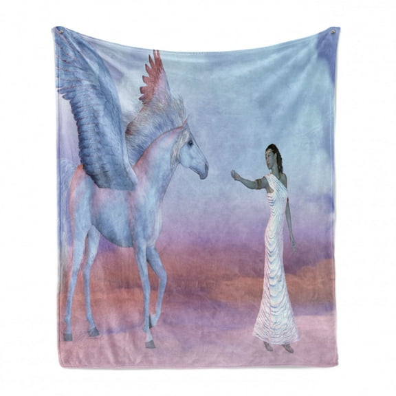 Athena Soft Flannel Fleece Throw Blanket, Dreamy Fantasy Illustration of a Woman and a Horse with Wings Feels Print, Cozy Plush for Indoor and Outdoor Use, 50" x 60", Multicolor, by Ambesonne