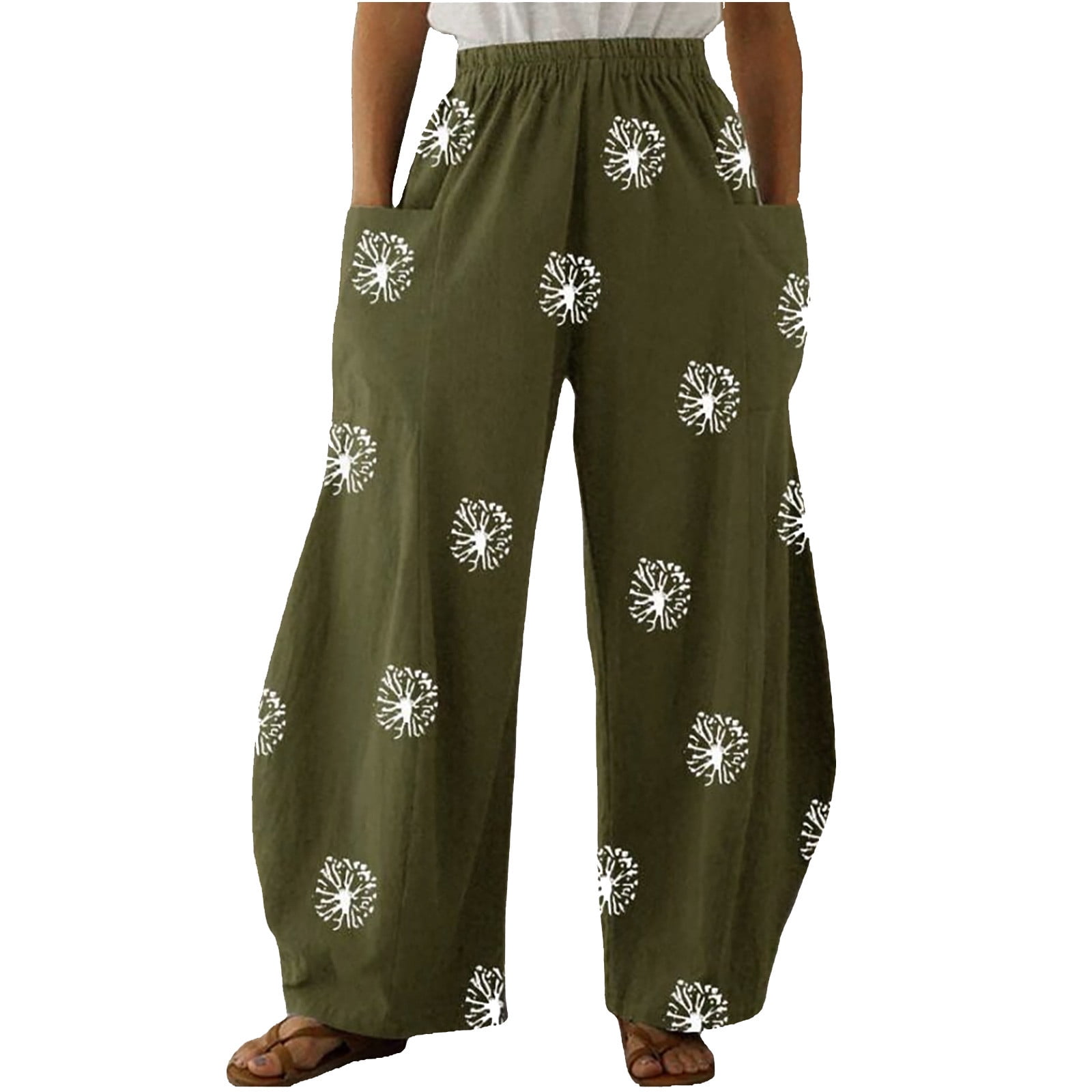 Womens Linen Pants with Deep Pockets Elastic High Waist Floral Print
