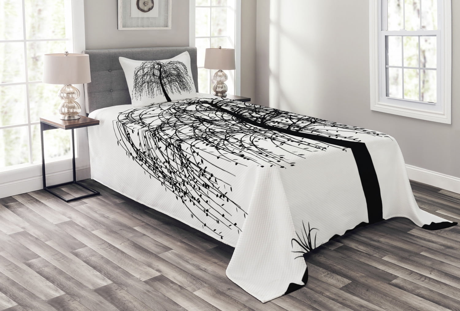 Luxury Comforter Cover Bedspread Pillow Cases with Zipper Closure for Children Adult Macro Leafless Tree Branches Idyllic Twigs of Oak Nature Print Black White 4 Piece Bedding Set California King 