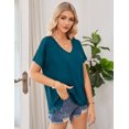 thumbnail image 2 of JYLFC Women's Casual V-Neck Short Sleeve T-Shirt Solid Loose Fit Basic Tee Top Going Out Basic Summer Blouse, Cyan Blue XL, 2 of 7