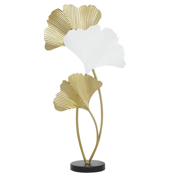 14" x 24" Gold Metal Curved Ribbed Leaf Sculpture with White Accent, by DecMode
