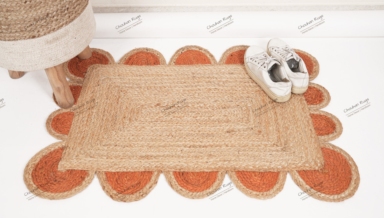 Area Rug Natural Fiber Jute Hand Braided Rug Orange Scalloped Pattern Rug