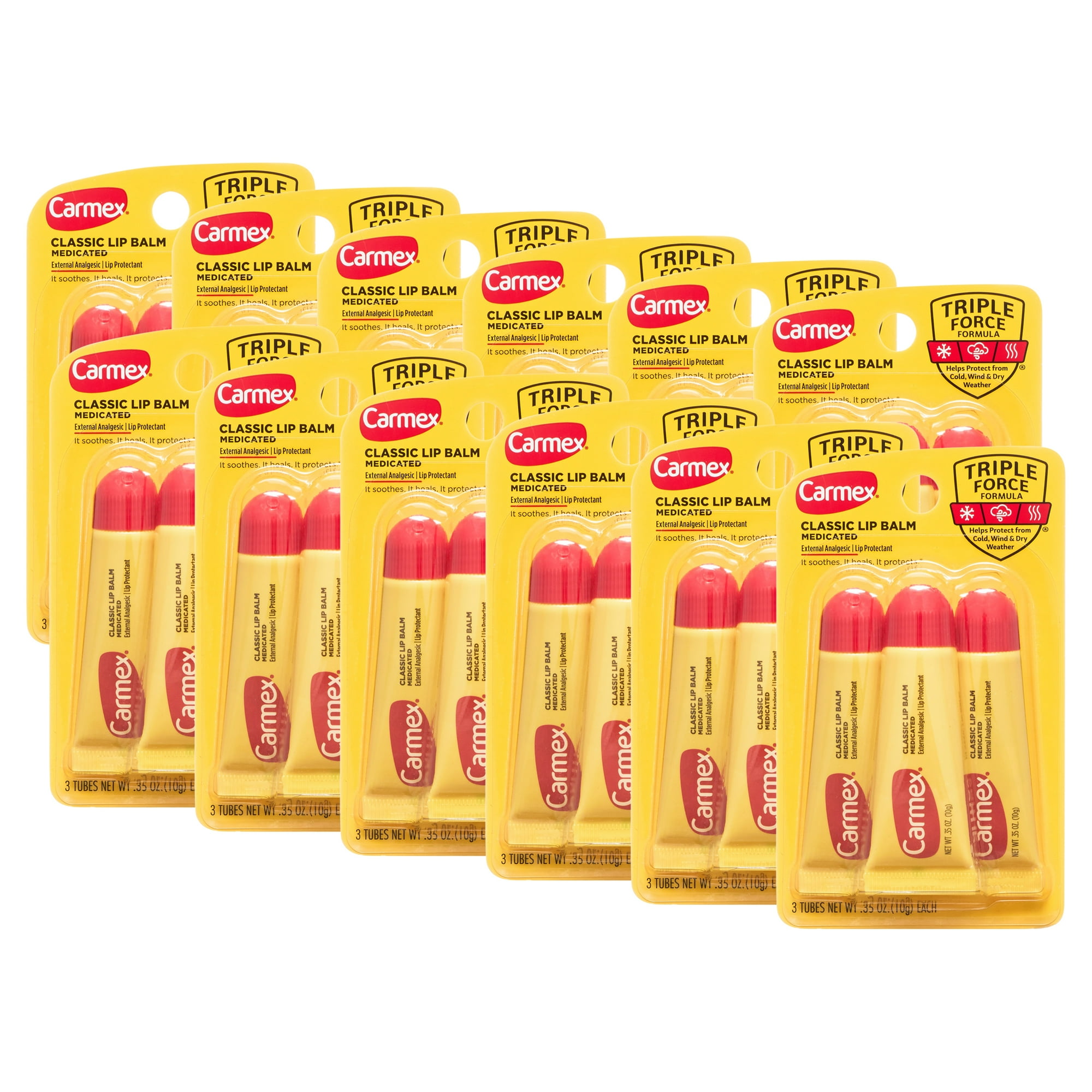 Carmex Medicated Classic Lip Balm Tubes, .35 oz, 3 Count (Pack of 12)