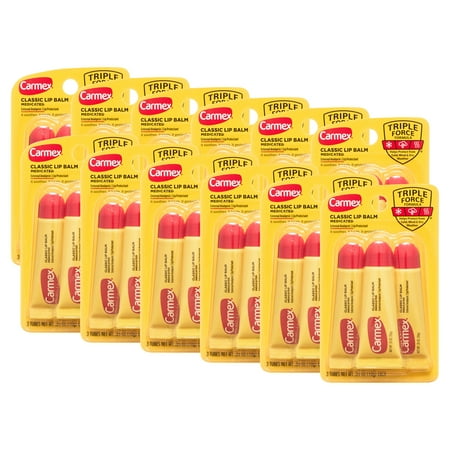 Carmex Medicated Classic Lip Balm Tubes, .35 oz, 3 Count (Pack of 12)
