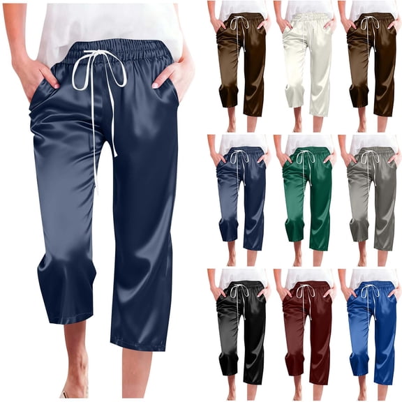 Xuniizn Satin Capri Pants for Women Straight Stretchy High Waist Soft Cozy Capris Pants with 2 Pockets Trendy Pants for Loungewear