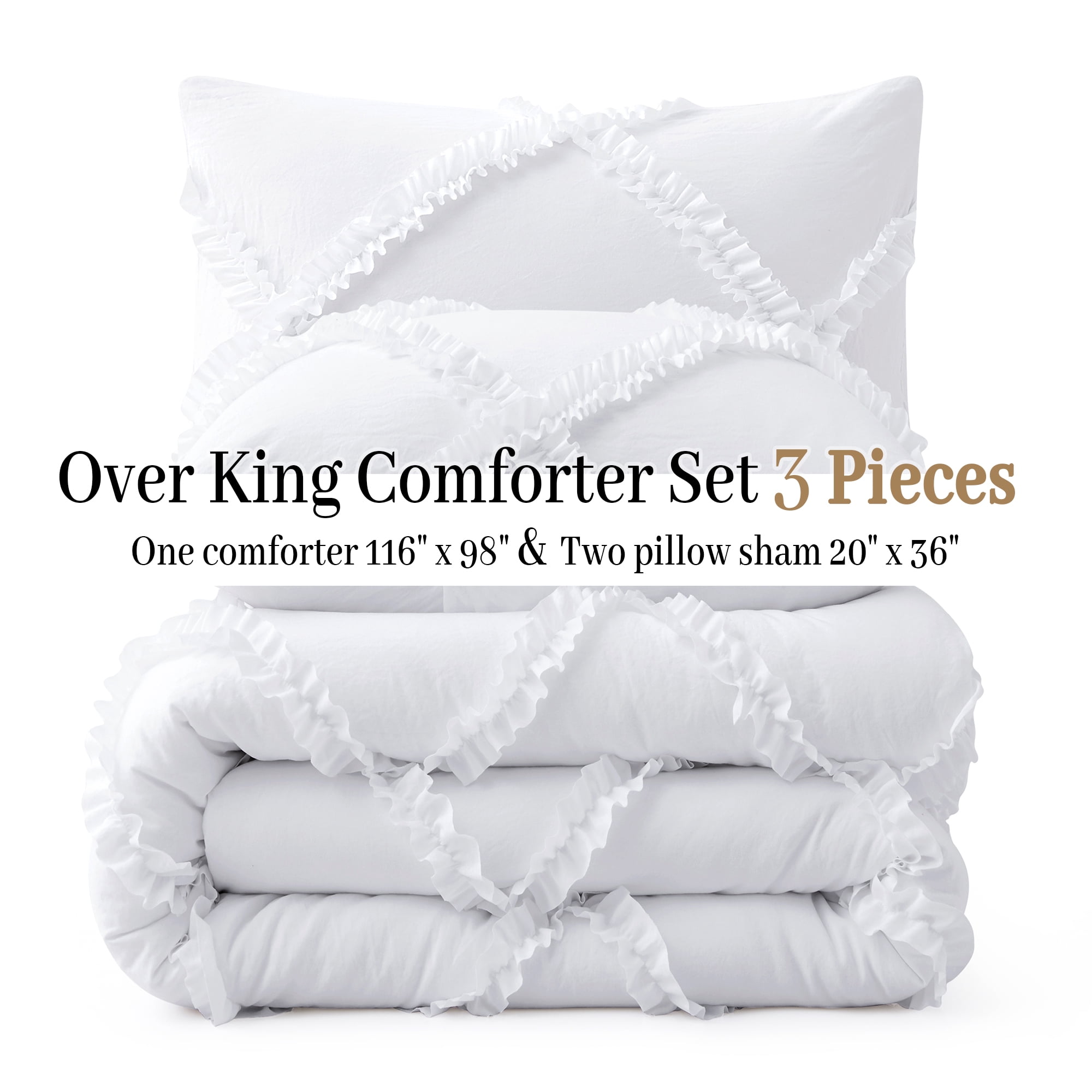 Comforter Set King Size Bedding – 3 Piece Farmhouse Bedding Set Cover Ruffle & Lightweight Comforter and Pillow Case Vintage Bedding for Bedroom as Home Bed Set Boho Chic Comforter for Luxury Comfort