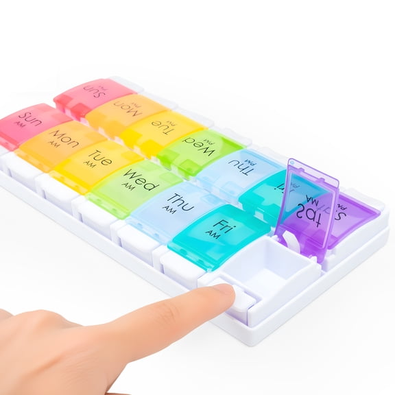 Pill Organizer 2 Times a Day, Weekly Pill Box, 7 Day Pill Case, Push Button Pill Case, Medication Container for Daily Vitamin,Supplements and Medicine (Rainbow)