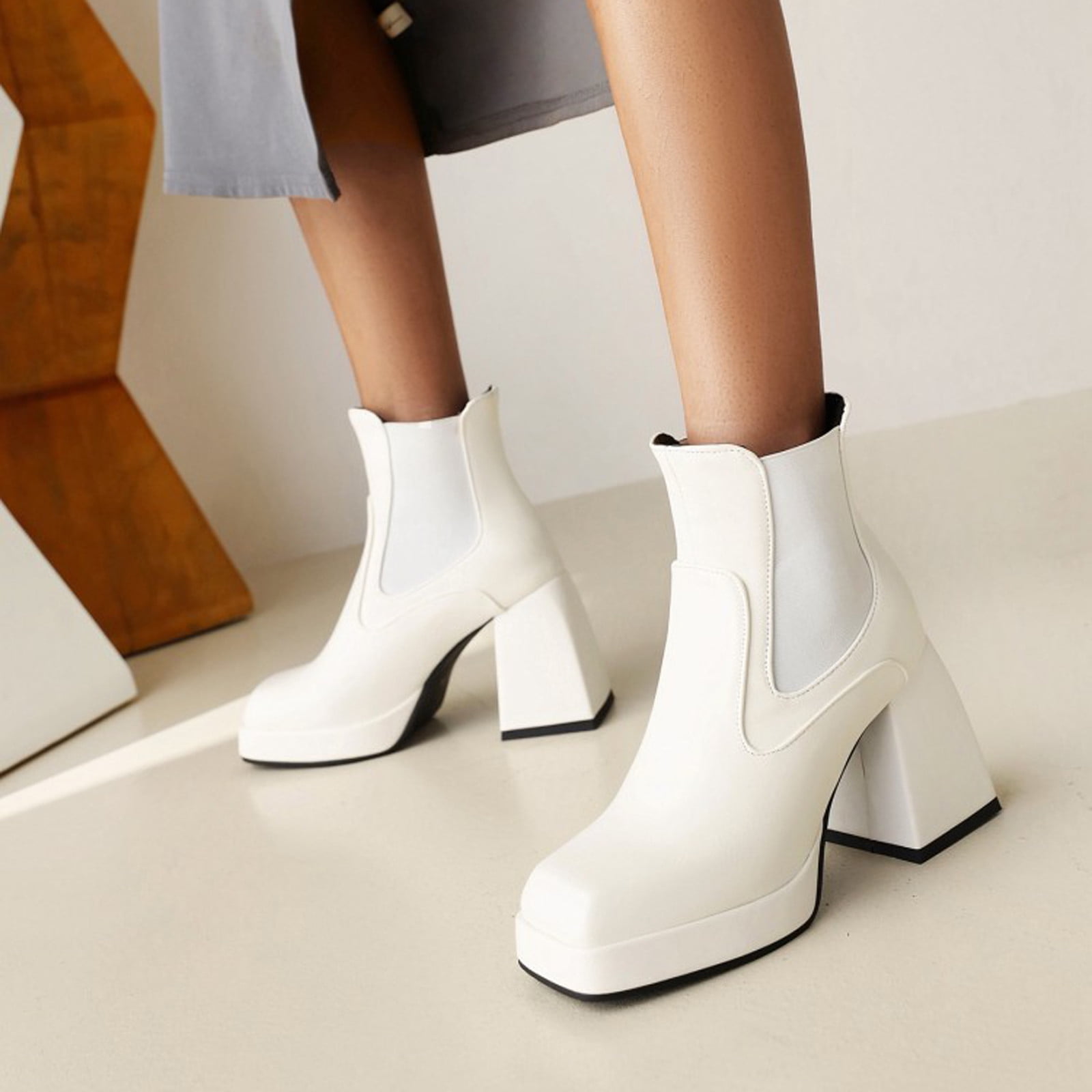 HKEJIAOI High Heel Boots Women s Velvet Thick Soled Thick High Heeled Platform Sleeve Low Top Ankle Boots