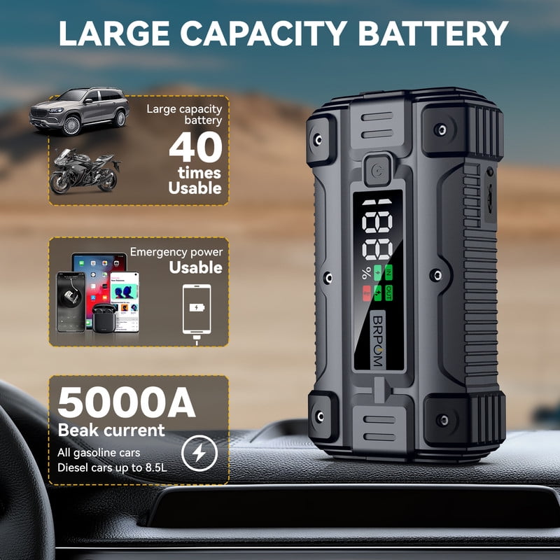 BRPOM Car Jump Starter 6000A Peak 12V Battery Jumper Starter Portable (All Gas/10.0L Diesel Engine), Car Battery Booster Jump Box with Smart Jumper Cables, LCD Display & 4-Mode LED Light