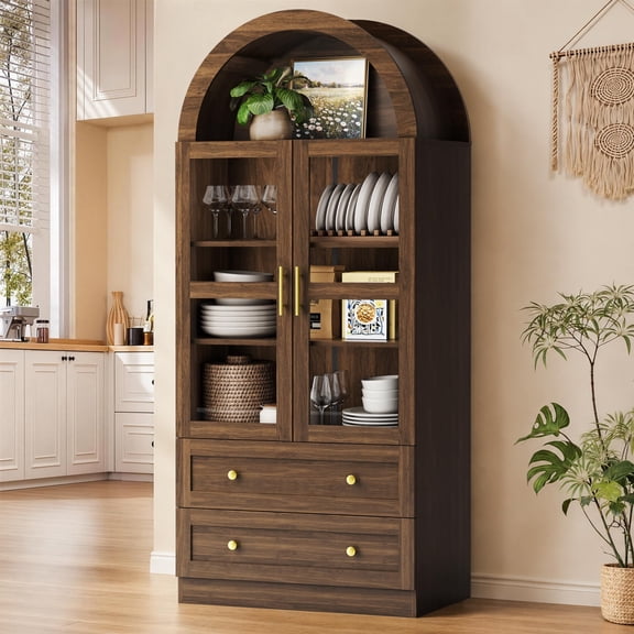 Without Led Light Arched Kitchen Pantry Cabinet With Glass Doors, 71 Tall