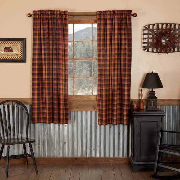 Primitive Panel Pair Heritage Farms Burgundy Check Window Curtains TCC Brands