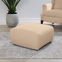 SureFit Ultimate Stretch Suede Square Ottoman Slipcover with Elastic Bottom, Single Cement Beige Ottoman Cover