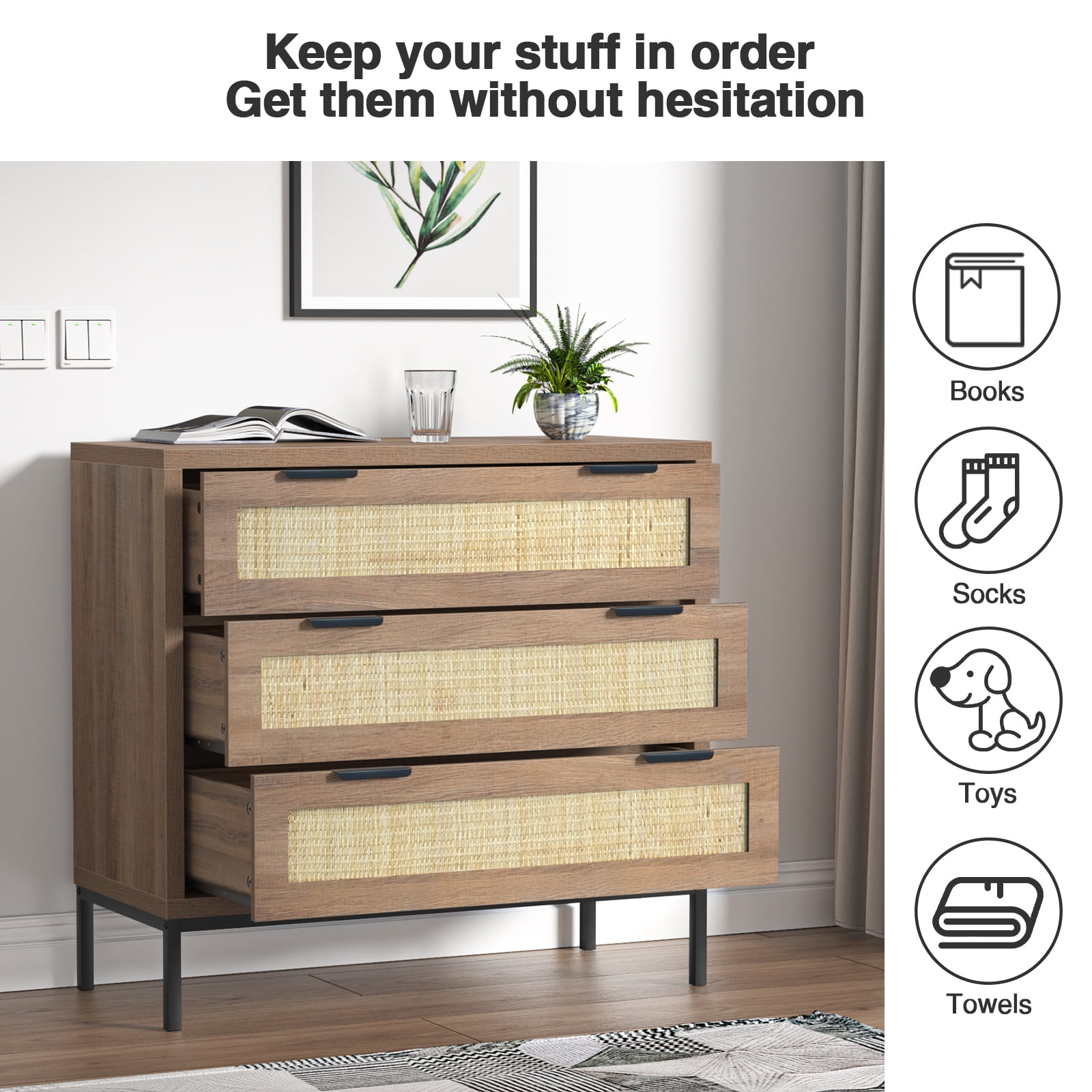 Eumyviv Mid-Century 3-Drawer Dresser, Rustic Wood Chest for Bedroom Living Room, Oak