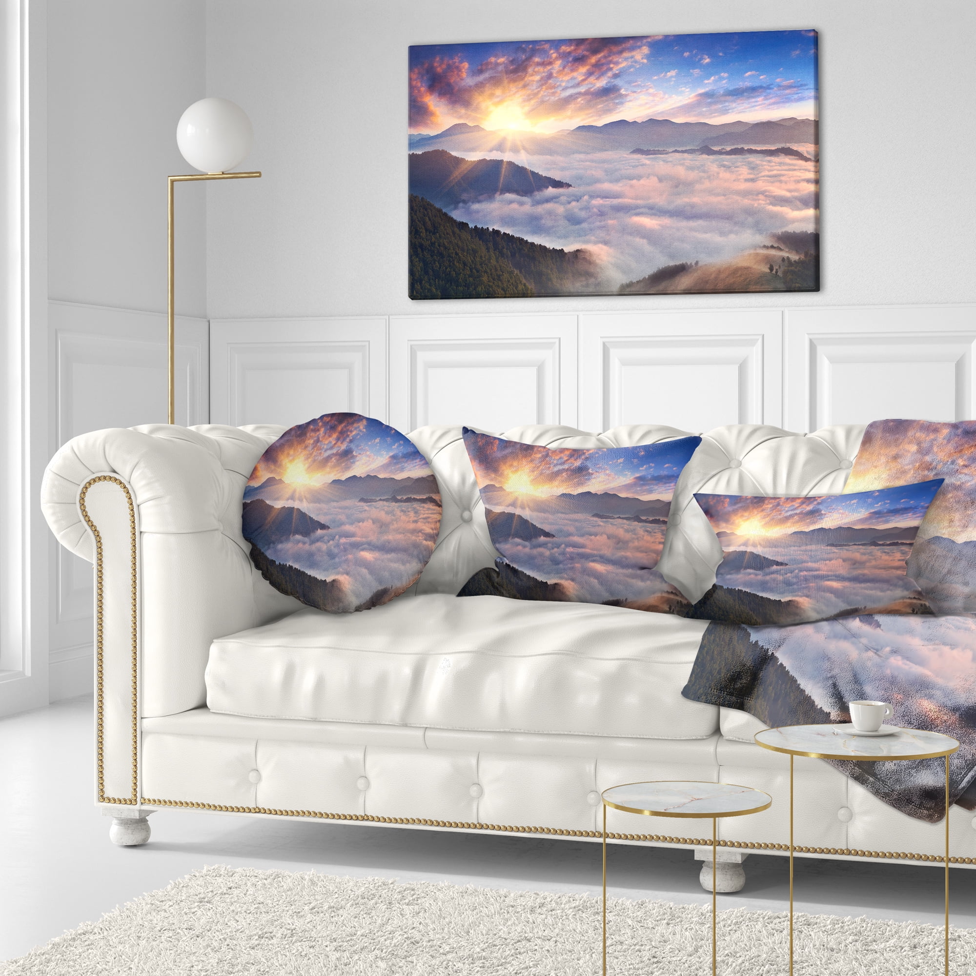 Designart Bright Sun in Misty Mountains - Landscape Photography Throw Pillow - 12x20