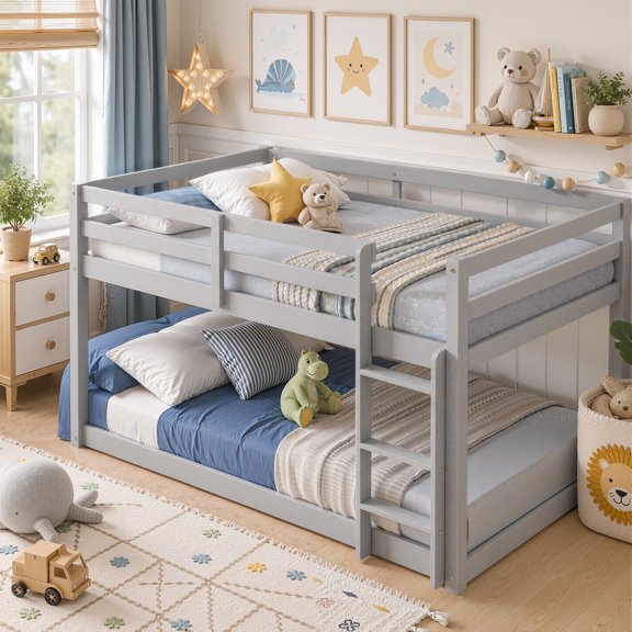 Twin Over Twin Floor Bunk Bed, UHOMEPRO Solid Wood Low Bunk Bed with Safety Rail, Ladder, Heavy Duty Bunk Beds, Space-Saving Bedroom Dorm Furniture, Gray