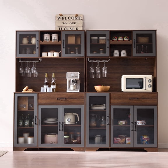 71" Kitchen Hutch Storage Cabinet Set of 2 with Wine Rack & Charging Station, Pantry Cabinet, Coffee Bar Cabinet & Liquor Cabinet with Storage, LED Lights for Kitchen, Dining Room, Home Bar,(Brown)