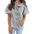 thumbnail image 5 of QASIEATN Ladies' Puff Sleeve Button Up Tops Summer Striped Stand Up Collar Fashionable Casual Loose Short Sleeved T Shirt, 5 of 6