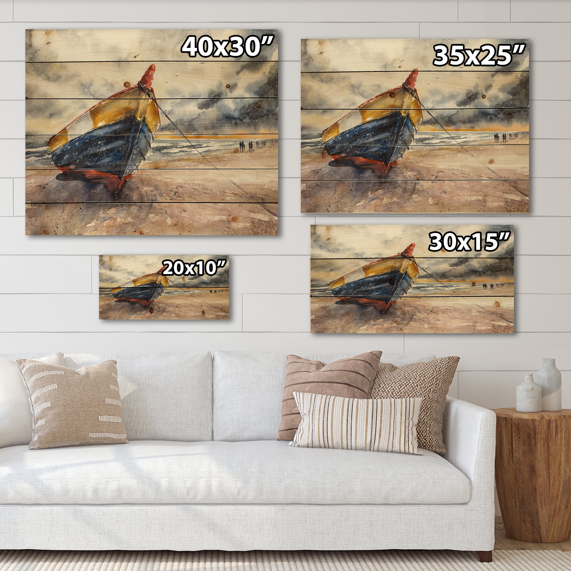Designart 'Wooden Boat On The Baltic Shores At Evening Glow' Nautical & Coastal Print on Natural Pine Wood