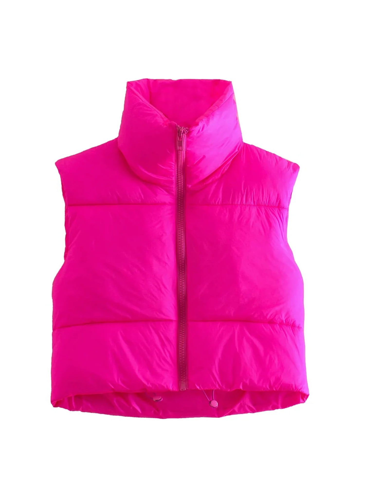 Wrcnote Women Solid Color Drawstring Puffer Vests Lightweight Street Stand  Collar Outwear Sleeveless Padded Coat Rose Red M