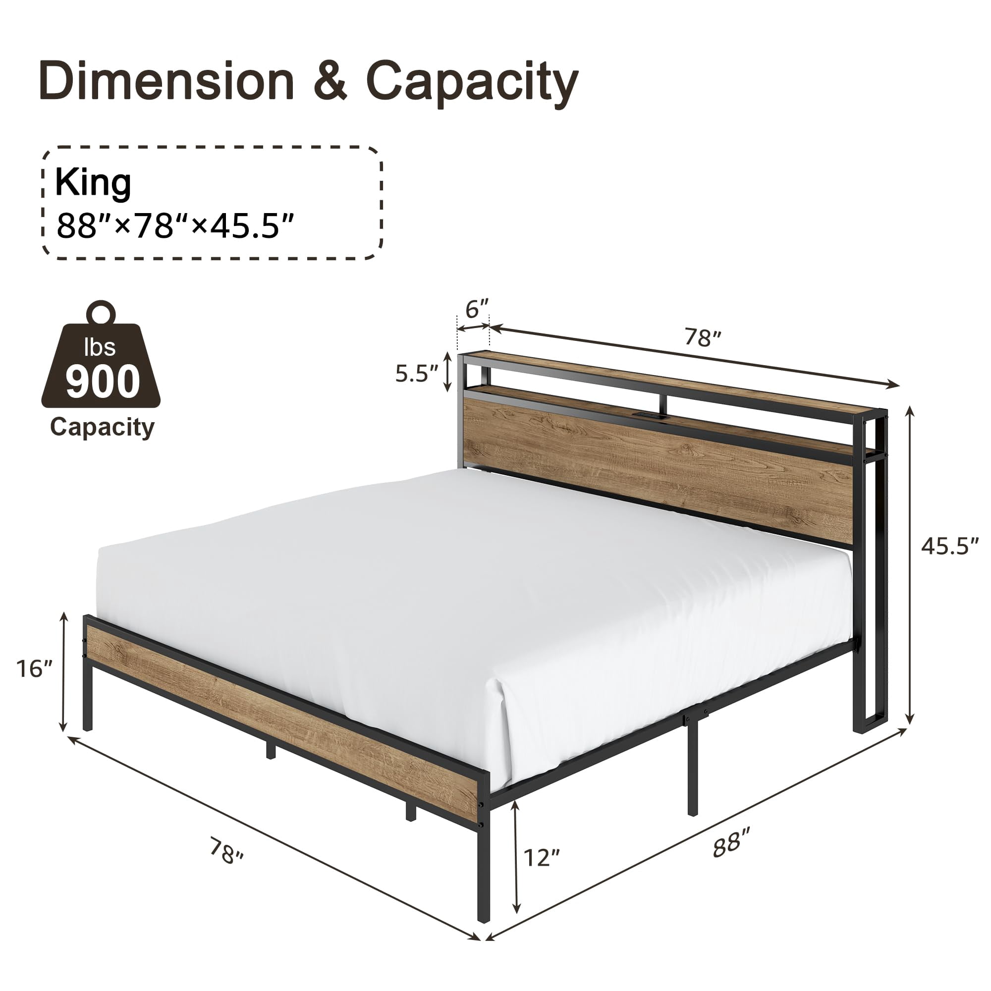 VanAcc Metal King Size Bed Frame with 2-Tier Storage Headboard and Charging Station, Light Brown