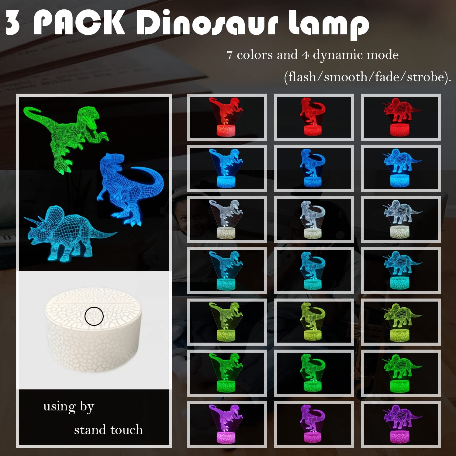 YSITIAN Dinosaur Night Light for Kids, 3 Patterns 16 Colors Dimmable LED 3D Illusion Lamp with Remote H1116-17