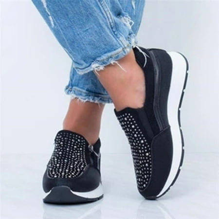 

Women s Rhinestone Platform Side Zipper Increased Casual Sneakers Walking Shoe