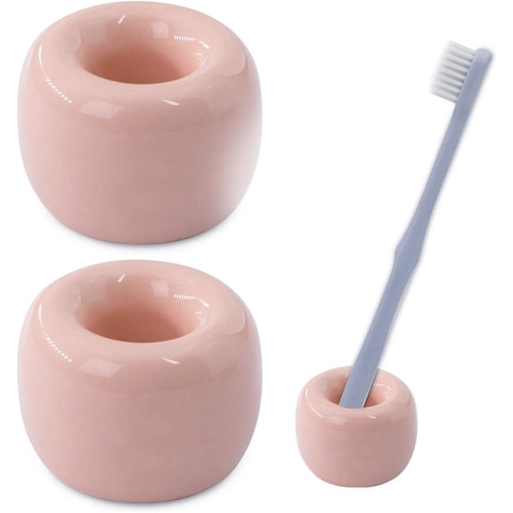 2-Pack Mini Ceramic Toothbrush Holders – Bathroom Countertop Organizers | Compact Hygienic Brush Stands Pink