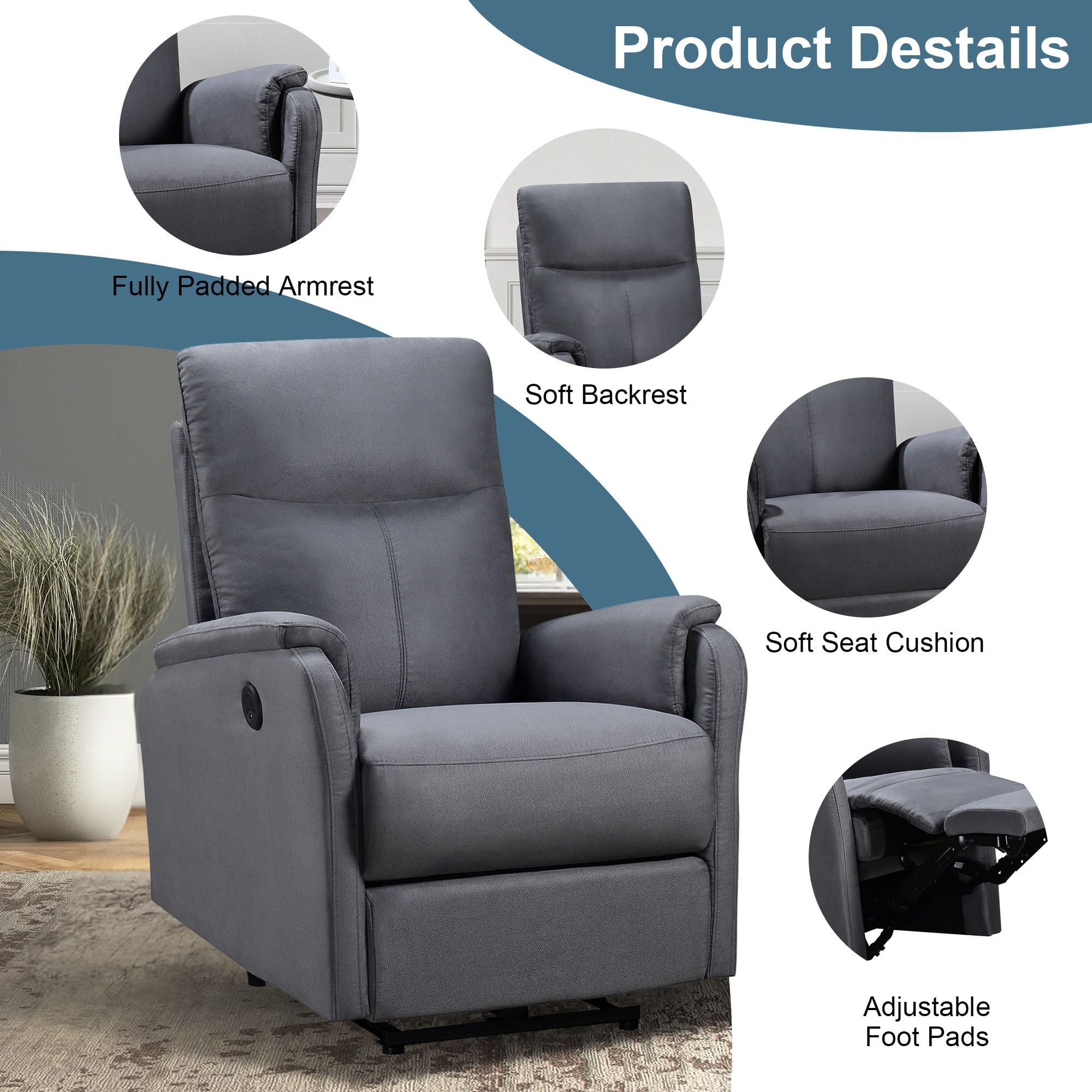 DEALTOPS Power Recliner Chair with USB Ports, Recliner Single Chair with Adjustable Footrest, Gray