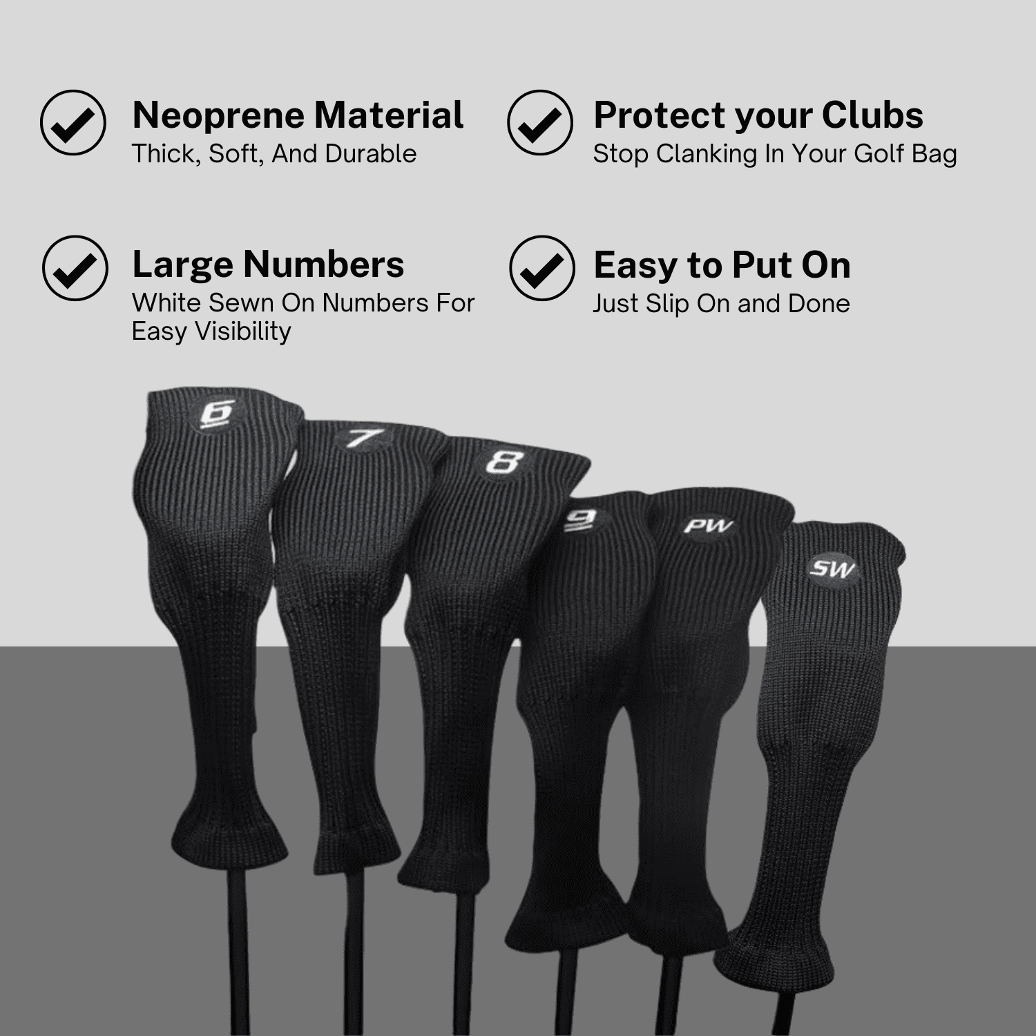 Majek All Hybrid Head Cover Golf Club Black Sleek Tight Fit Headcover Set 6-SW Acrylic Head Covers 6 7 8 9 PW SW Easy to See Large White Embroidered Numbers