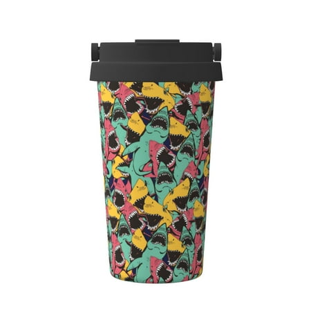 

Uemuo Angry Shark Pattern Print Carry Insulated Coffee Mug Travel Mug with Hidden Handle Insulated Coffee Flask Leak-proof Travel Mug Insulated Mug for Office