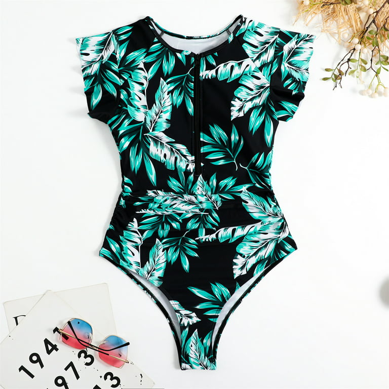 Zkozptok Women's One Piece Bathing Suit Athlete Sleeveless Strap Bikini  Floral Print Swimwear Tummy Control Bra Swimdress,Orange,L 