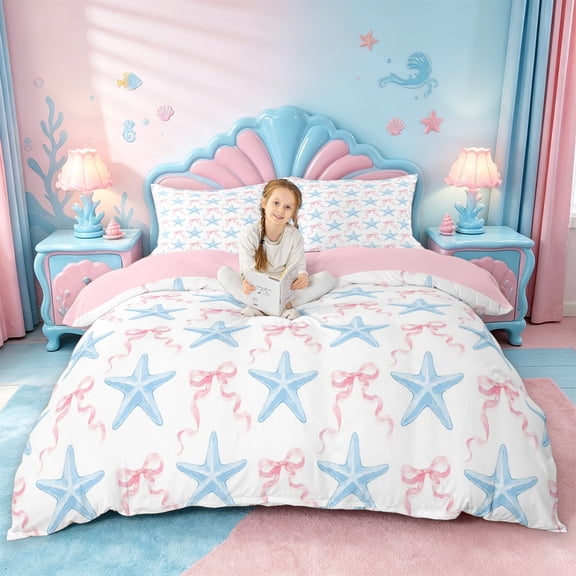 jejeloiu Watercolor Starfish Bow Bedding For Girls,Girly Ocean Accent Duvet Cover Full,Light Blue,Pink Reversible,3 Pieces,1 Duvet Cover and 2 Pillowcases