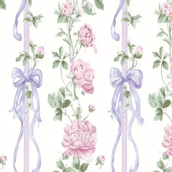 Peel and Stick Wallpaper Delicate Floral Pink Peonies Lavender Bows boho Wall Mural 17.7in x 9.8ft Self Adhesive Removable Wall Paper Renter Friendly Wallpaper for Women Girl Bedroom Nursery