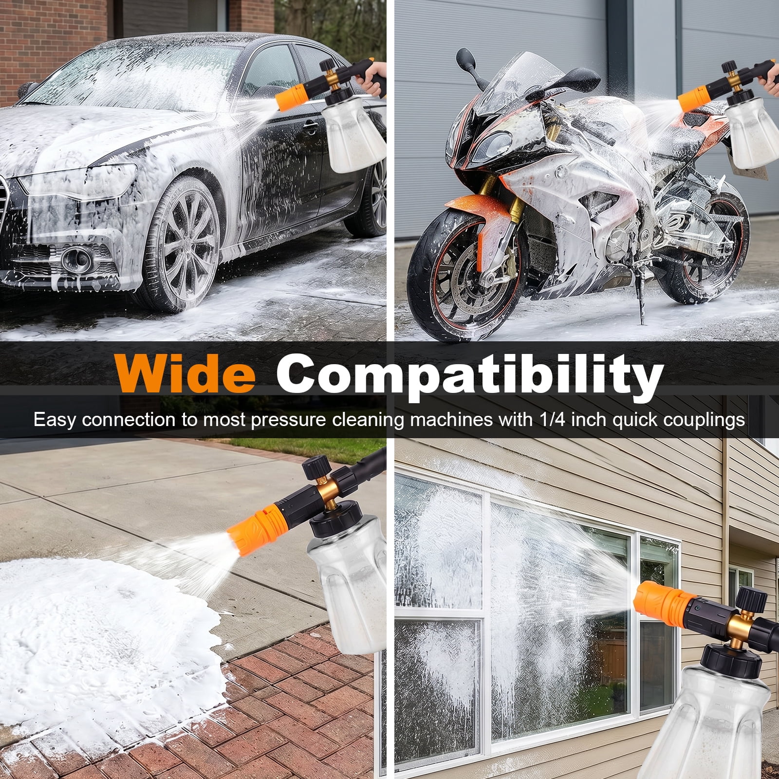 Professional Foam Cannon for Pressure Washer, 1000-4000 PSI Snow Foam Lance with 1.1mm & 1.2mm Orifice Nozzles, 360° Adjustable Spray Pattern, 1/4" Quick Connector for Car Wash and Home Cleaning