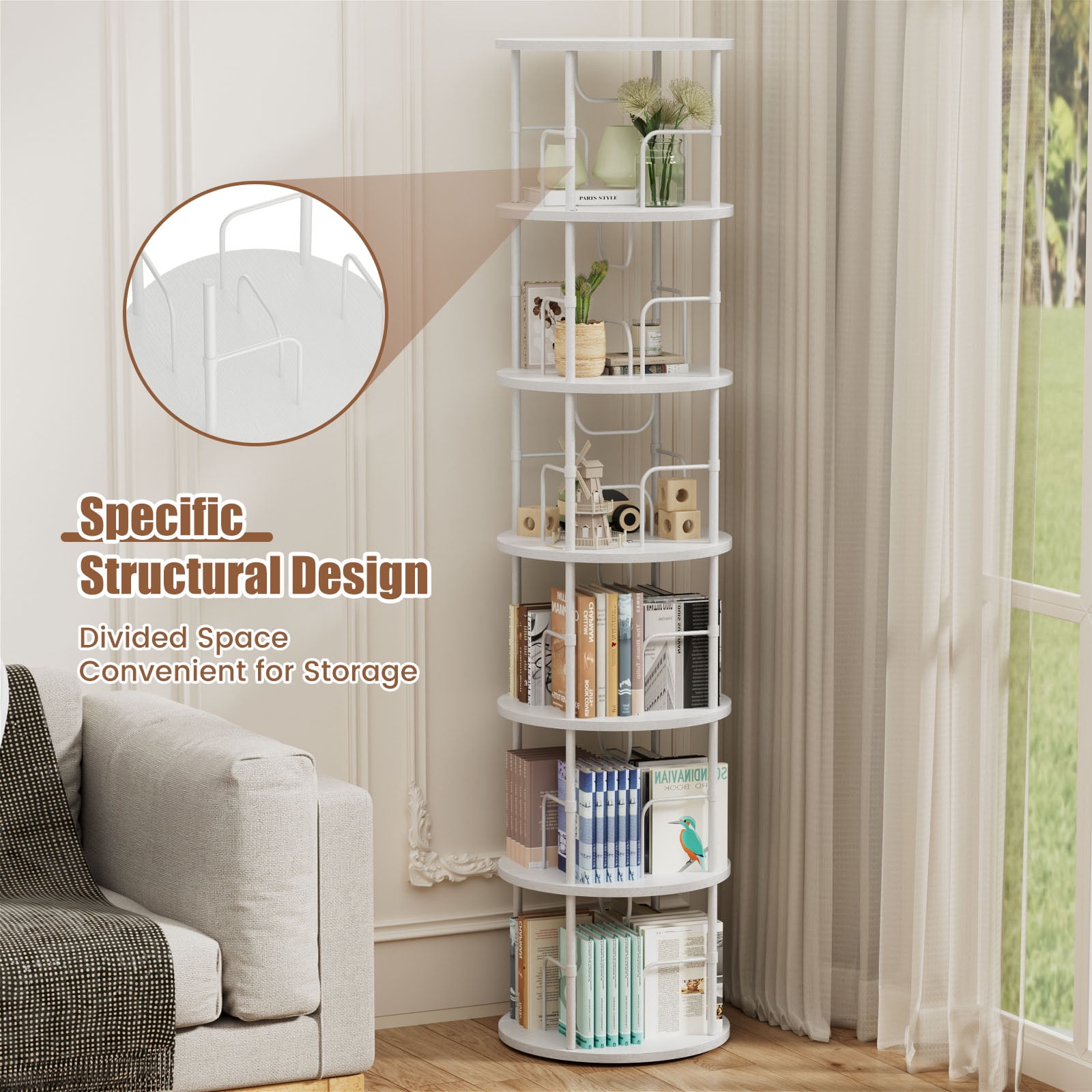 Flycity 6 Tier Rotate Bookcases, 360° Display Spin Bookcases Corner Shelf with Special Visible Partition Storage, White