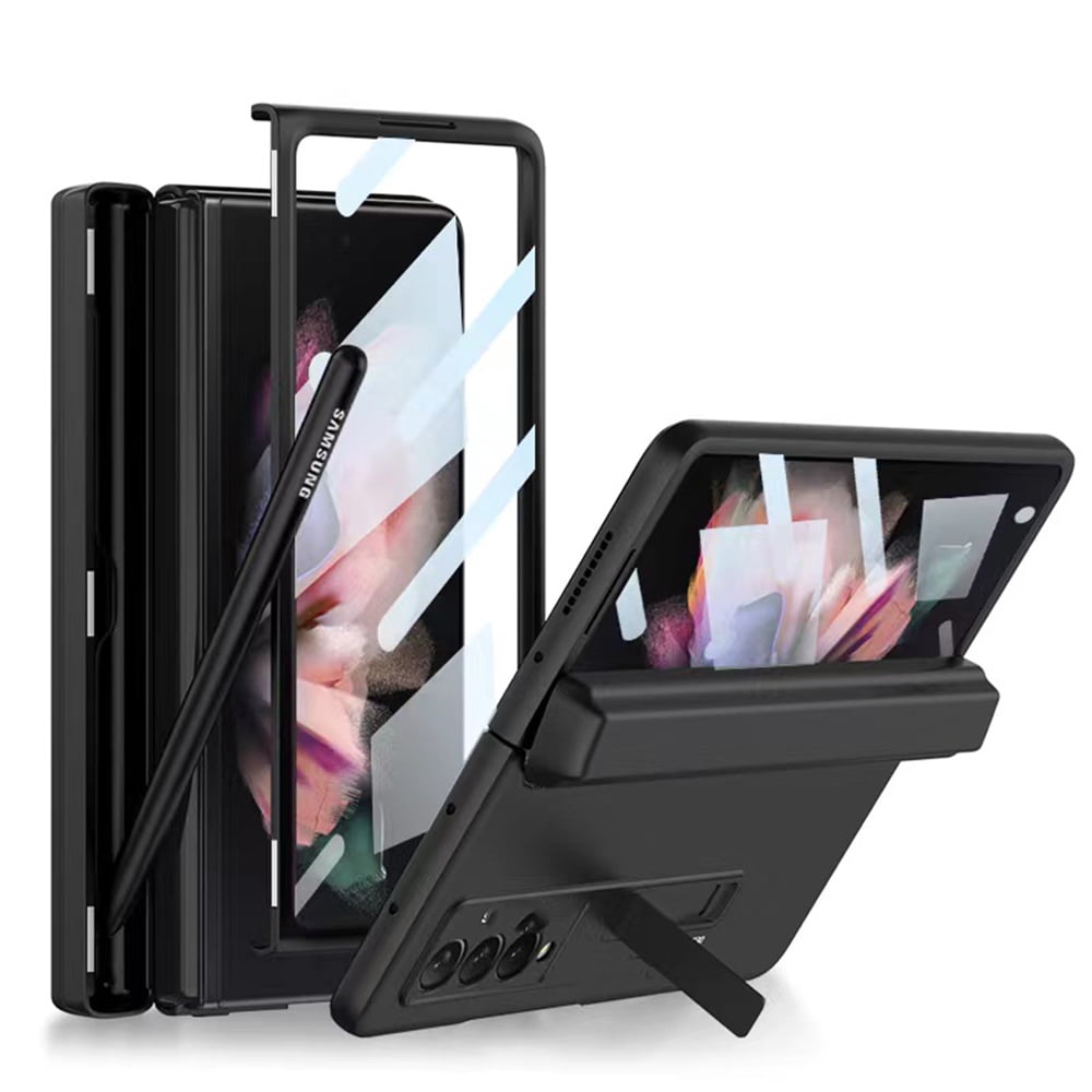 Case for Samsung Z Fold 3 5G with S Pen Slot for Galaxy Z Fold 3 Case with Stand Shockproof Leather Case with Magnetic Hinges Protection with Integrated Screen Protector - Black