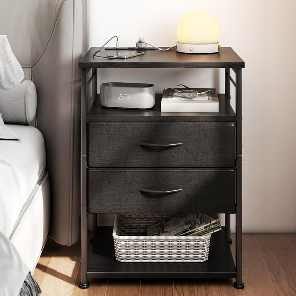 AODK Night Stand with Charging Station End Table for Bedroom Tall Nightstand with Drawers Small Nightstand for Bedroom 4-Tier Storage Bedside Table Black