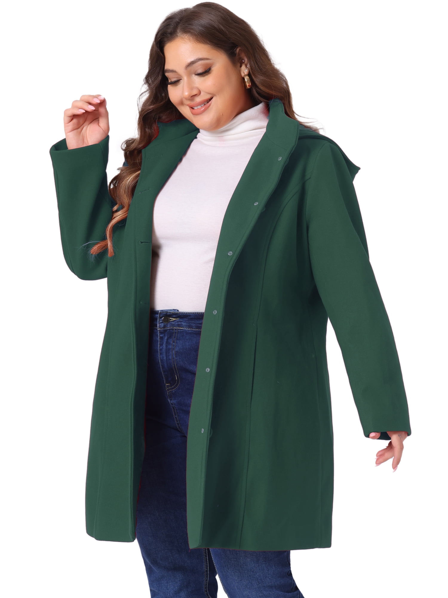 DARING DIVA Women's Plus Size Single Breasted Detachable Hooded Overcoat 3X Dark Green