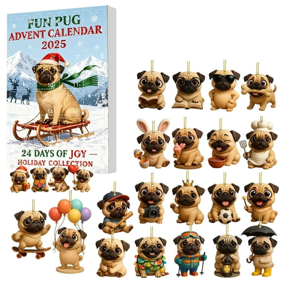 hulanddfd 2025 Pug Advent Calendar - Christmas Countdown Calendar with 2D Xmas Decorative Pendant 24 Days of Surprises Holiday Gift for Family
