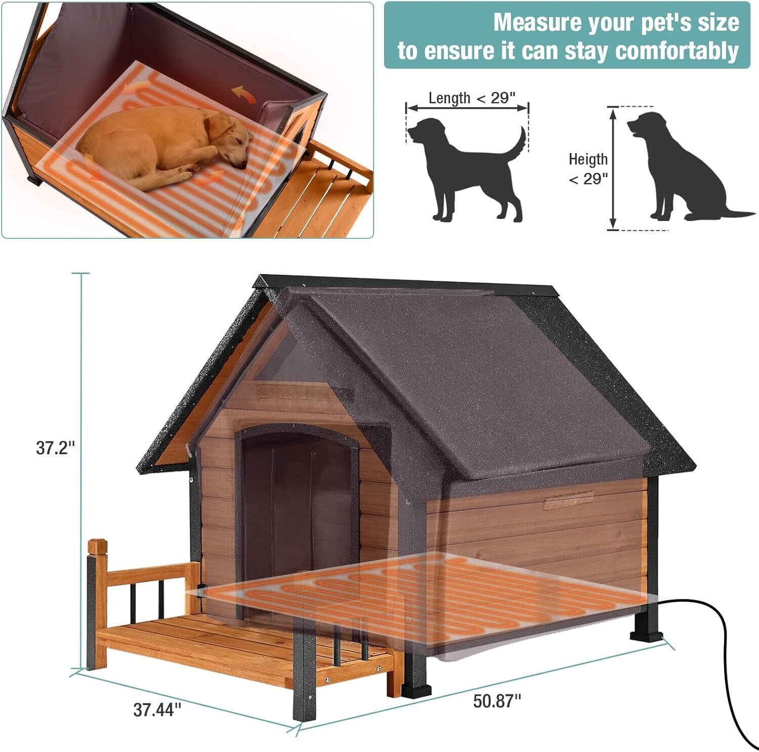 MEDEHOO Insulated Dog House with Heating Pad, Weatherproof Outdoor Kennel for Large Dogs, Chew-Resistant Iron Frame & Asphalt Roof XLarge