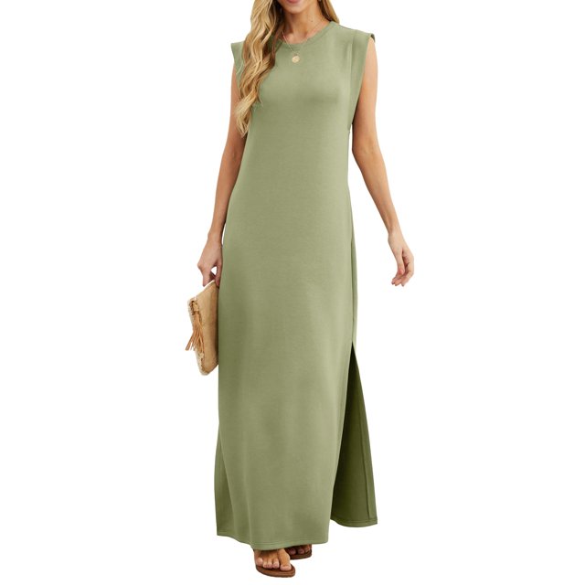 WILLBEST Vestidos de Mujer Vestido Largo Informal de Verano para Mujer Estilos de Verano Vestidos Largos Básicos sin Mangas con Abertura y Bolsillos Grande