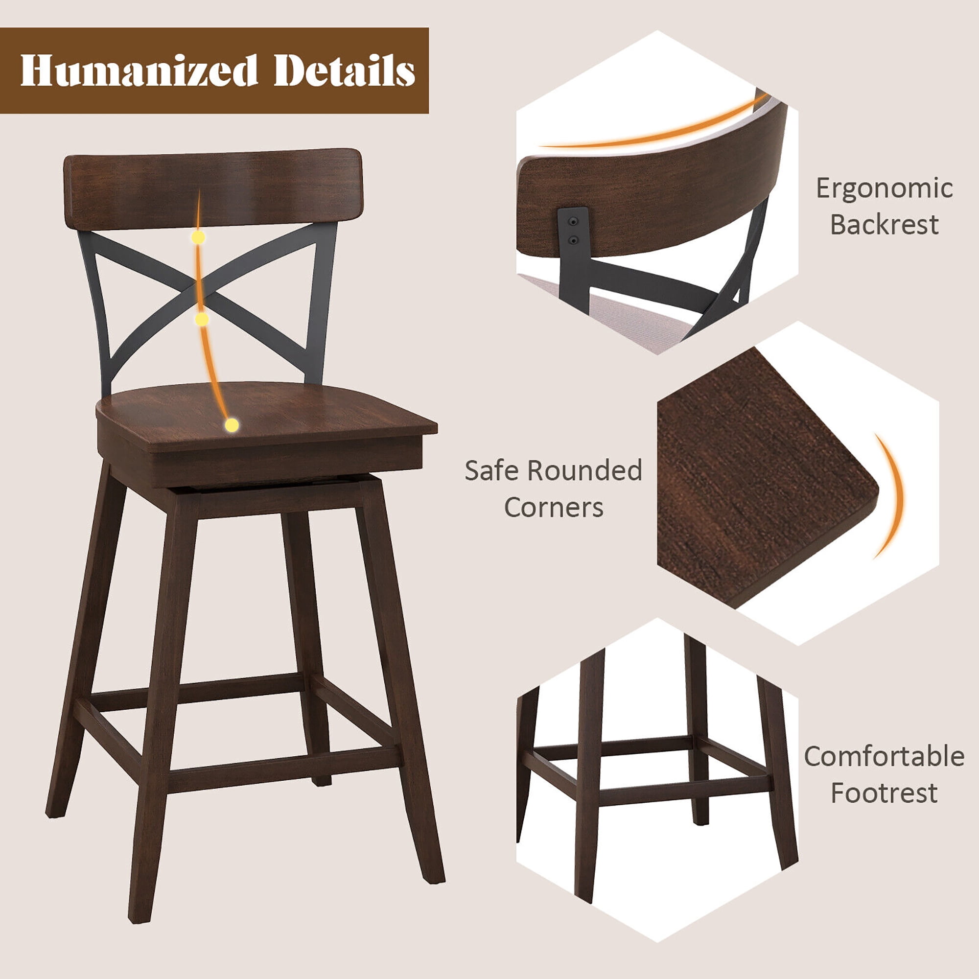 Gymax Set of 4 Wooden Swivel Bar Stools Counter Height Kitchen Chairs w/ Back Brown