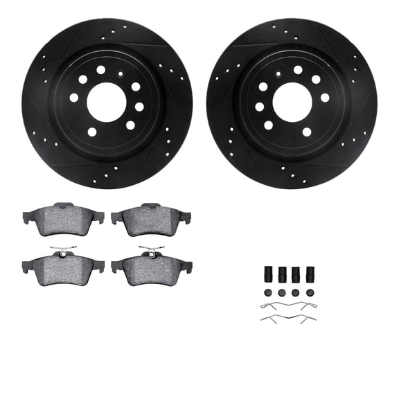 Dynamic Friction Company Rear Brake Rotors-Drilled and Slotted-Black with 5000 Advanced Brake Pads includes Hardware 8512-65018