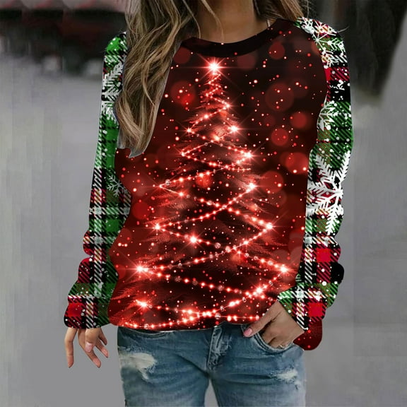 Tops for Women Christmas Printed Long Sleeve Loose Round Neck Sweatshirt,Women's Long Sleeve Tops Multicolor4 XL